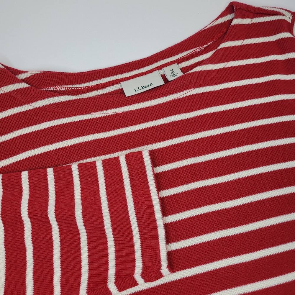 L.L.Bean Striped Top Womens Medium Red White Excllnt 3/4 Sleeve Boat Neck Ribbed